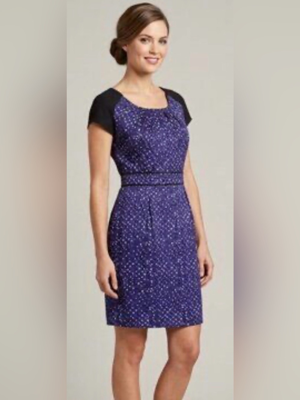 Jacob Purple Polka Dot Scoop Neck Midi Dress with Black Cap Sleeves
